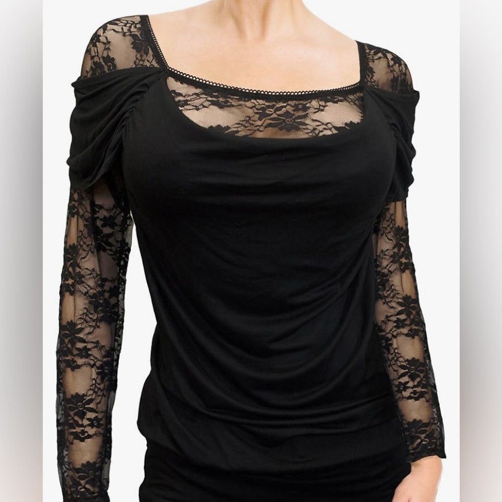 eVogues Size Small Junior Chic Black Lace Long Sleeve Top Romantic Feminine Goth